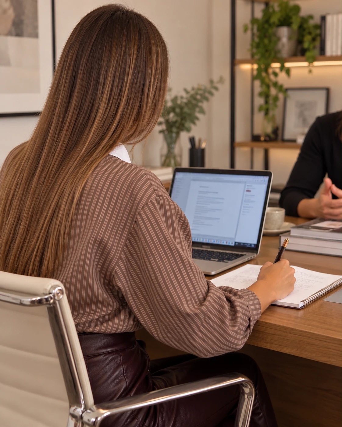 Giovanna Puggioni taking notes during a meeting with a client in her office